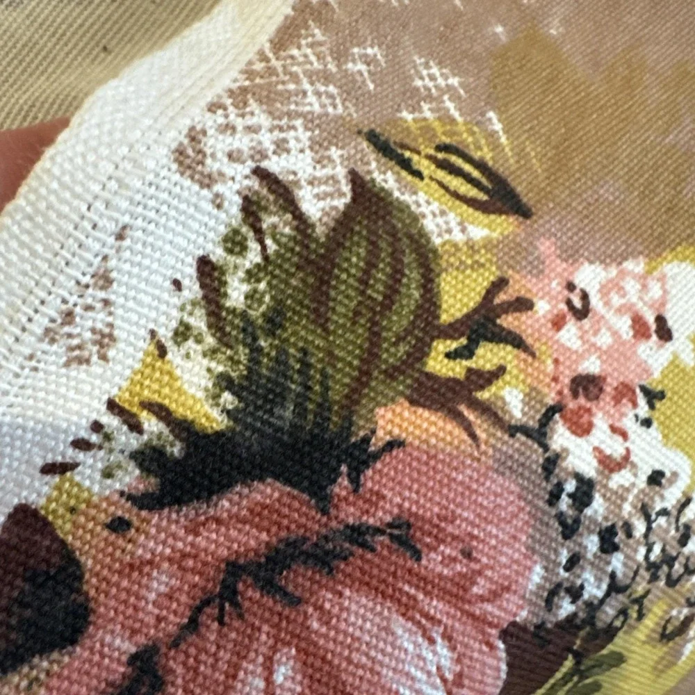 VTG Fabric 2‎ 1/2 Yards Floral & Checks Browns Yellow Rose Cotton Decor Canvas